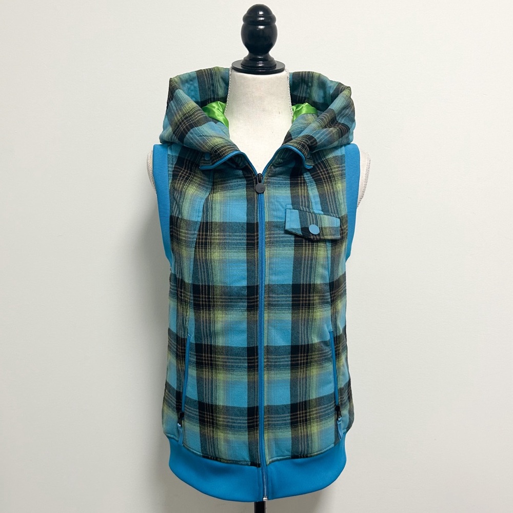 Burton Turquoise Blue Green Black Plaid Hooded Dry Ride Zip Up Collared Vest